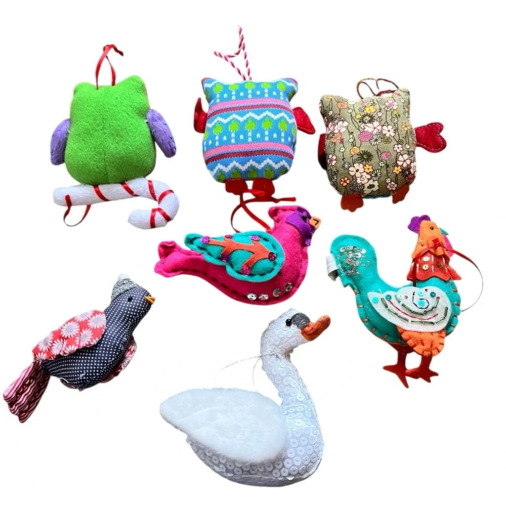Bundle of Seven Colorful Quilted Soft Ornaments Birds Owl Swan Rooster Fabric